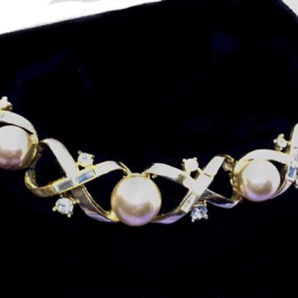 Vtg Corocraft gold pearl rhinestone 14" necklace - Picture 5 of 11